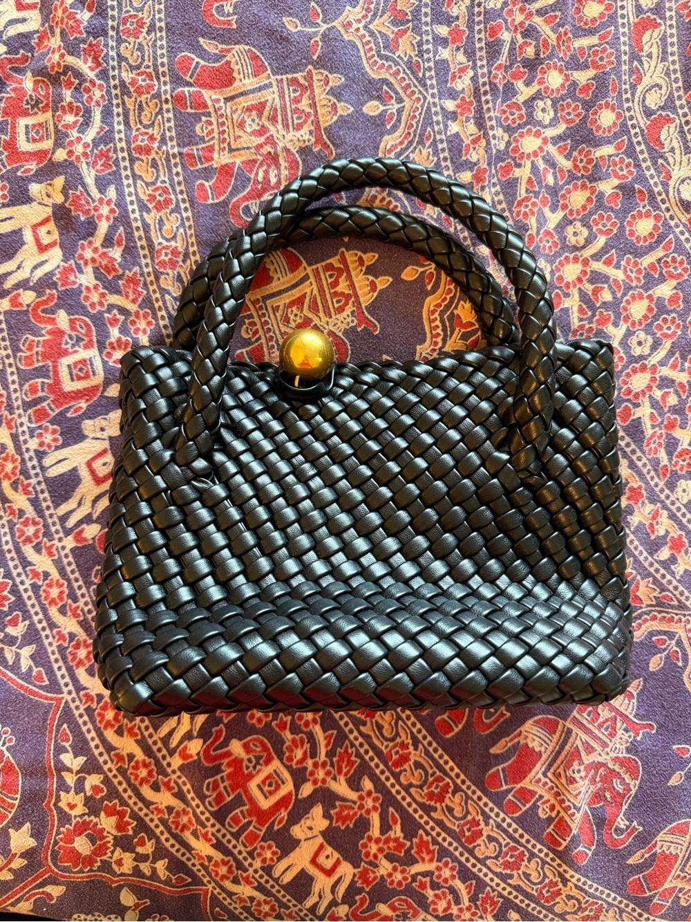 Anthropologie Black Woven Top-Handle Satchel with Gold Accent